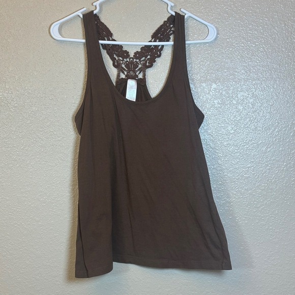 Tops - Women's Brown Crochet Racerback Tank Top Casual Summer Everyday Size Large